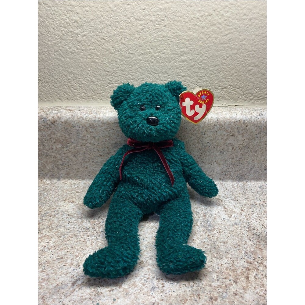 TY Beanie Baby Holiday 2001 Teal Sparkle Teddy Bear Burgundy Velvet Bow Vintage